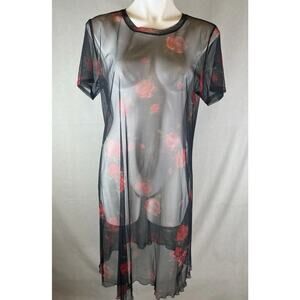 VTG Cover Up Sheer Mesh Black Red Floral Dress Size 14 Large Swim Gothic 90's